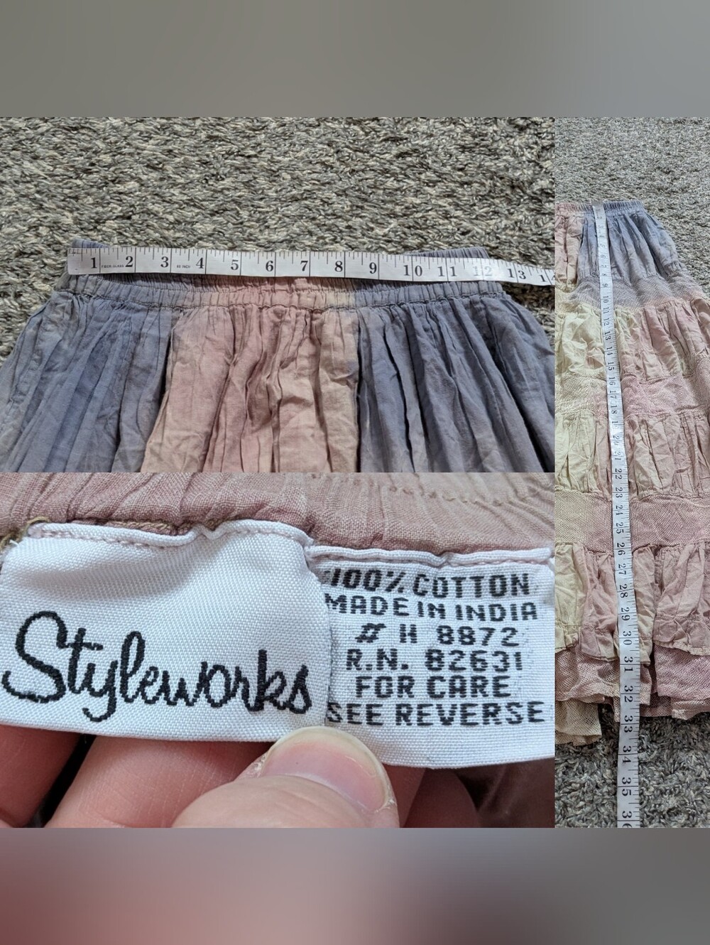 Vintage Styleworks Cream Pink Grey Tie Dye Boho Hippie Festival Prairie Skirt M - Picture 6 of 6